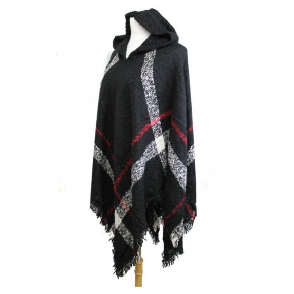 SOLD OUT SALE Plaid Knit Fringe Hoodie Cape Poncho Sweater - Picture 5 of 5